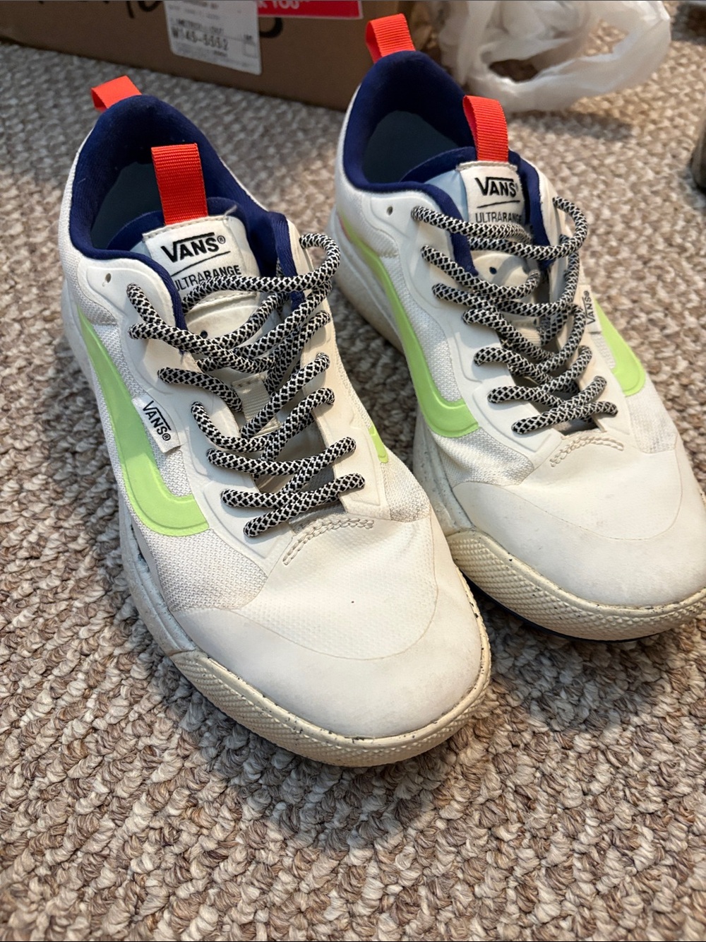Vans women’s White Sneakers with Lime and Navy Accents